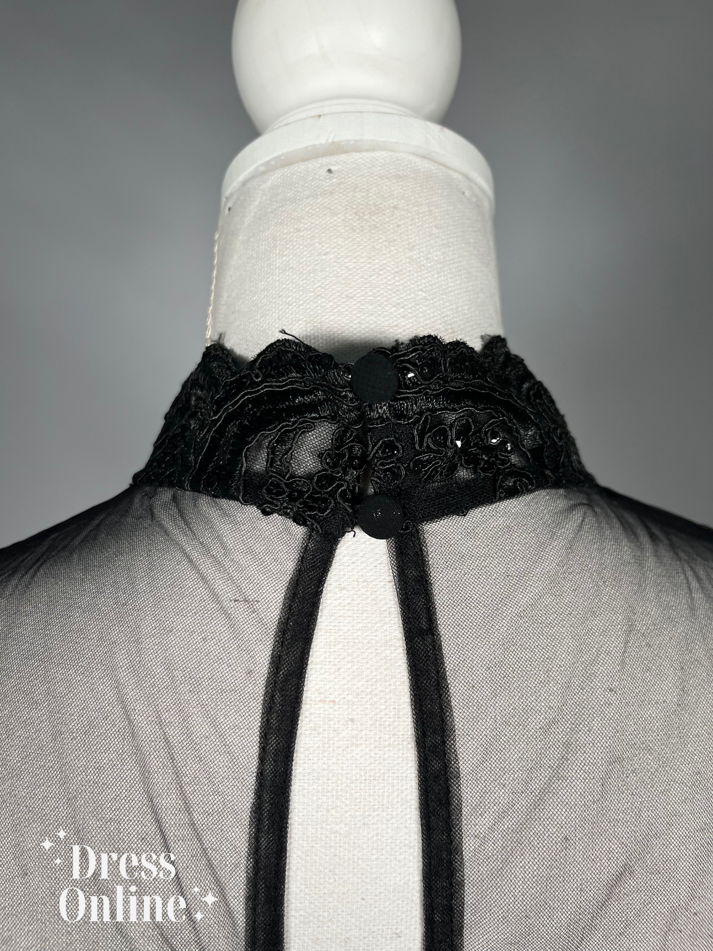 Elegante Gala Jurk in Zwart met Borduurwerk en Doorschijnende Mouwen - Maat XL - 390