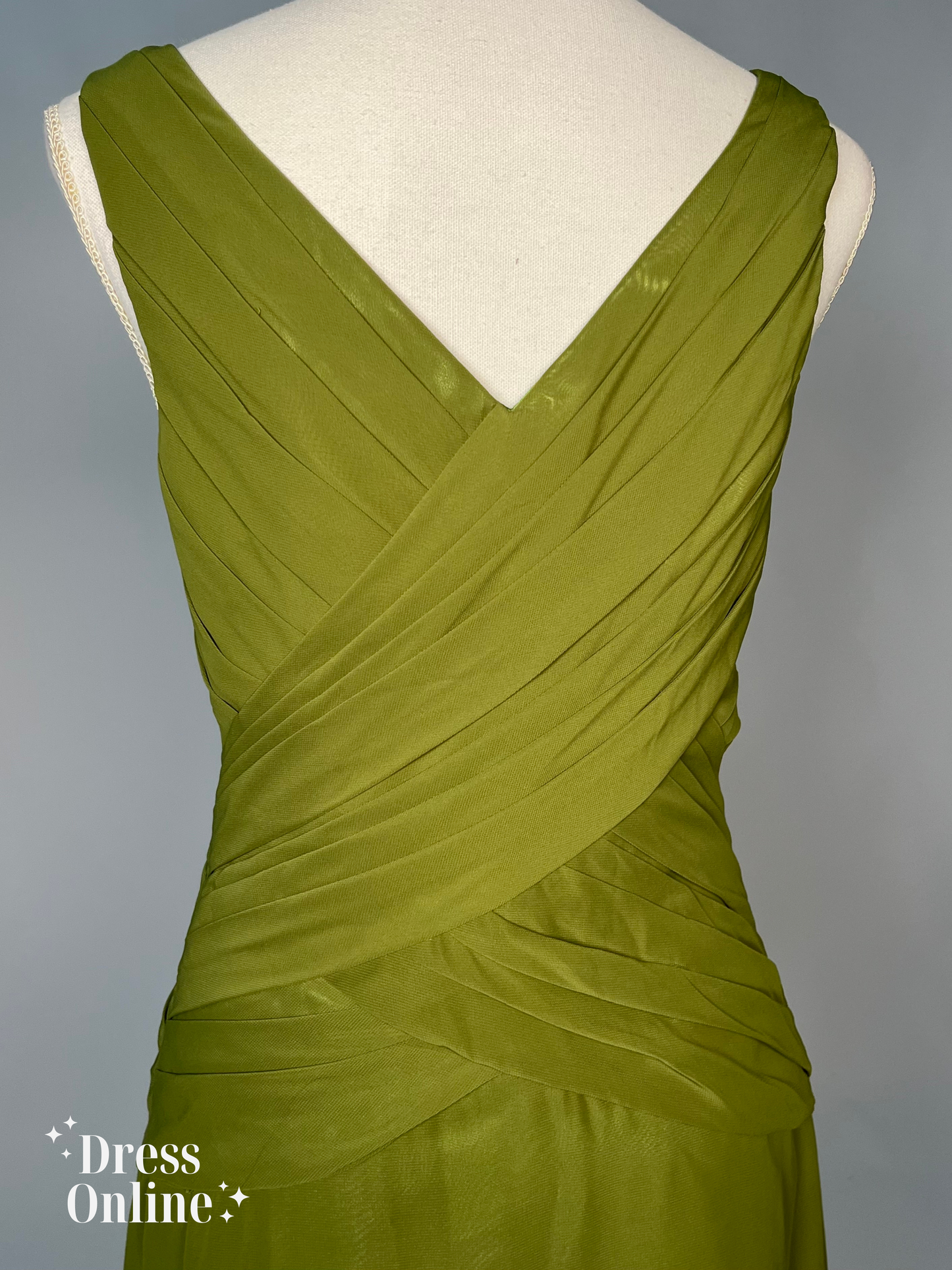 Olijfgroene Galajurk met Subtiele Bandjes en V-hals Maat M - 214