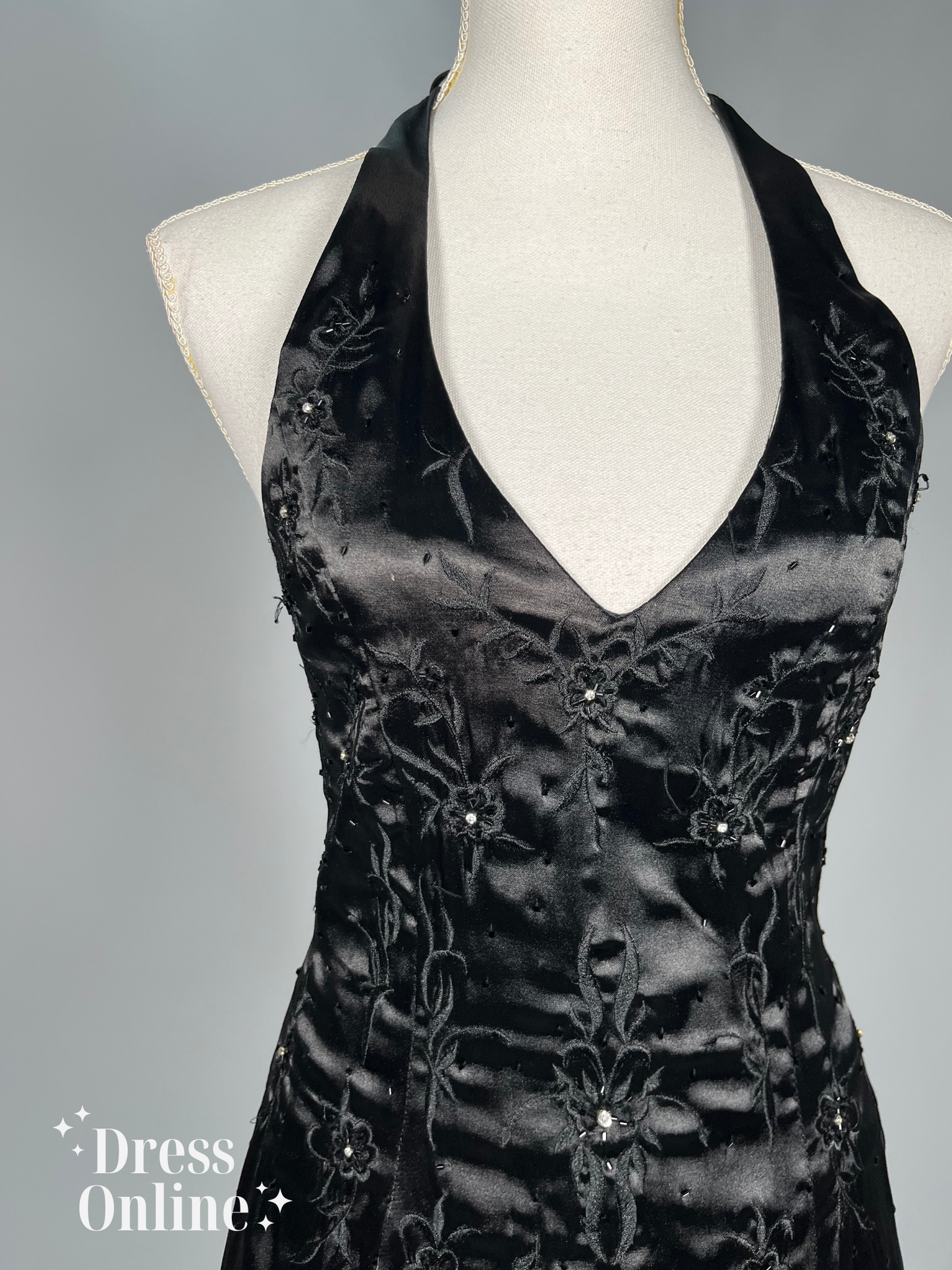 Chique Zwart Halter Galajurk met Geborduurd Lijfje - Maat XS - 403