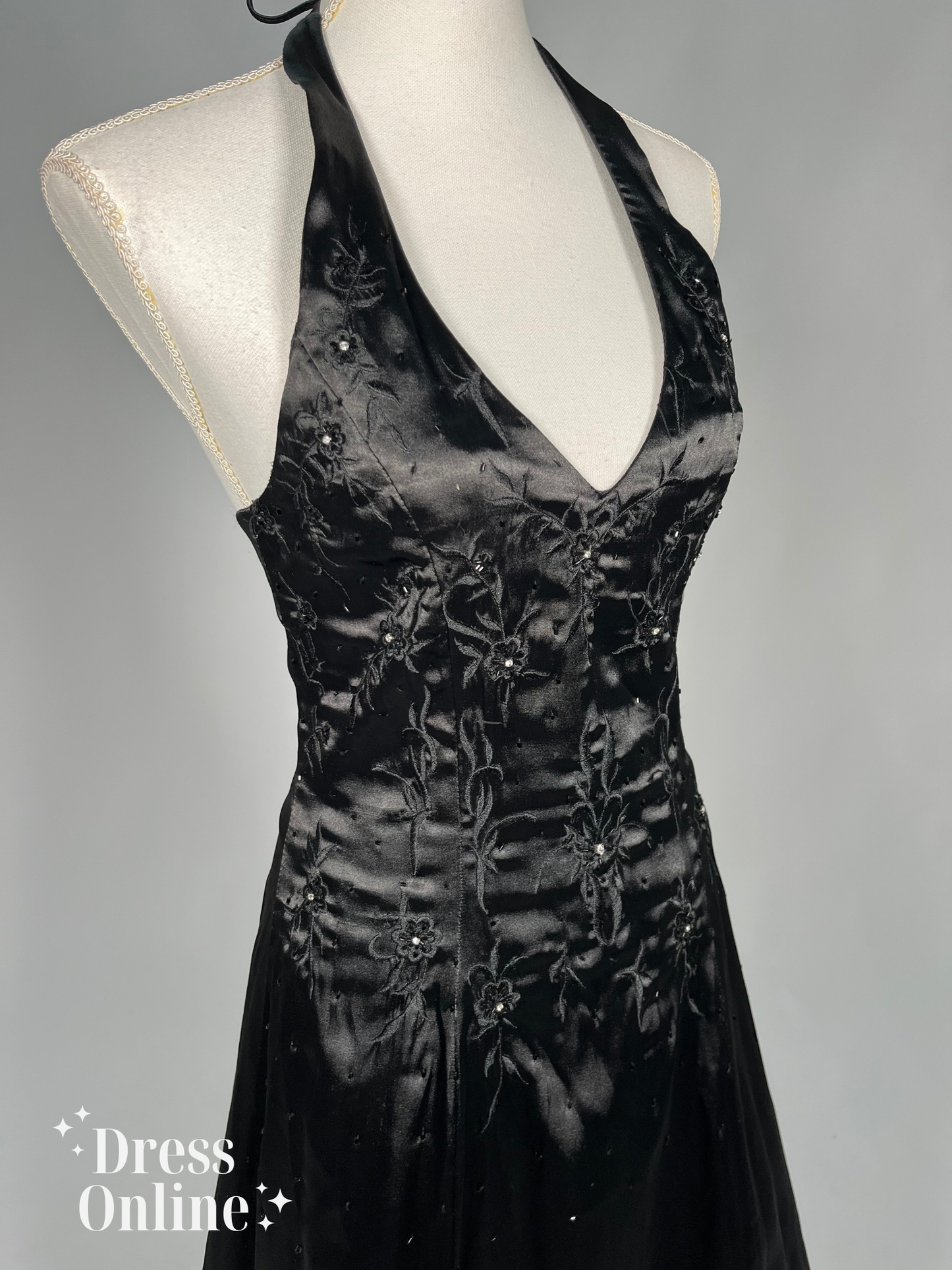 Chique Zwart Halter Galajurk met Geborduurd Lijfje - Maat XS - 403