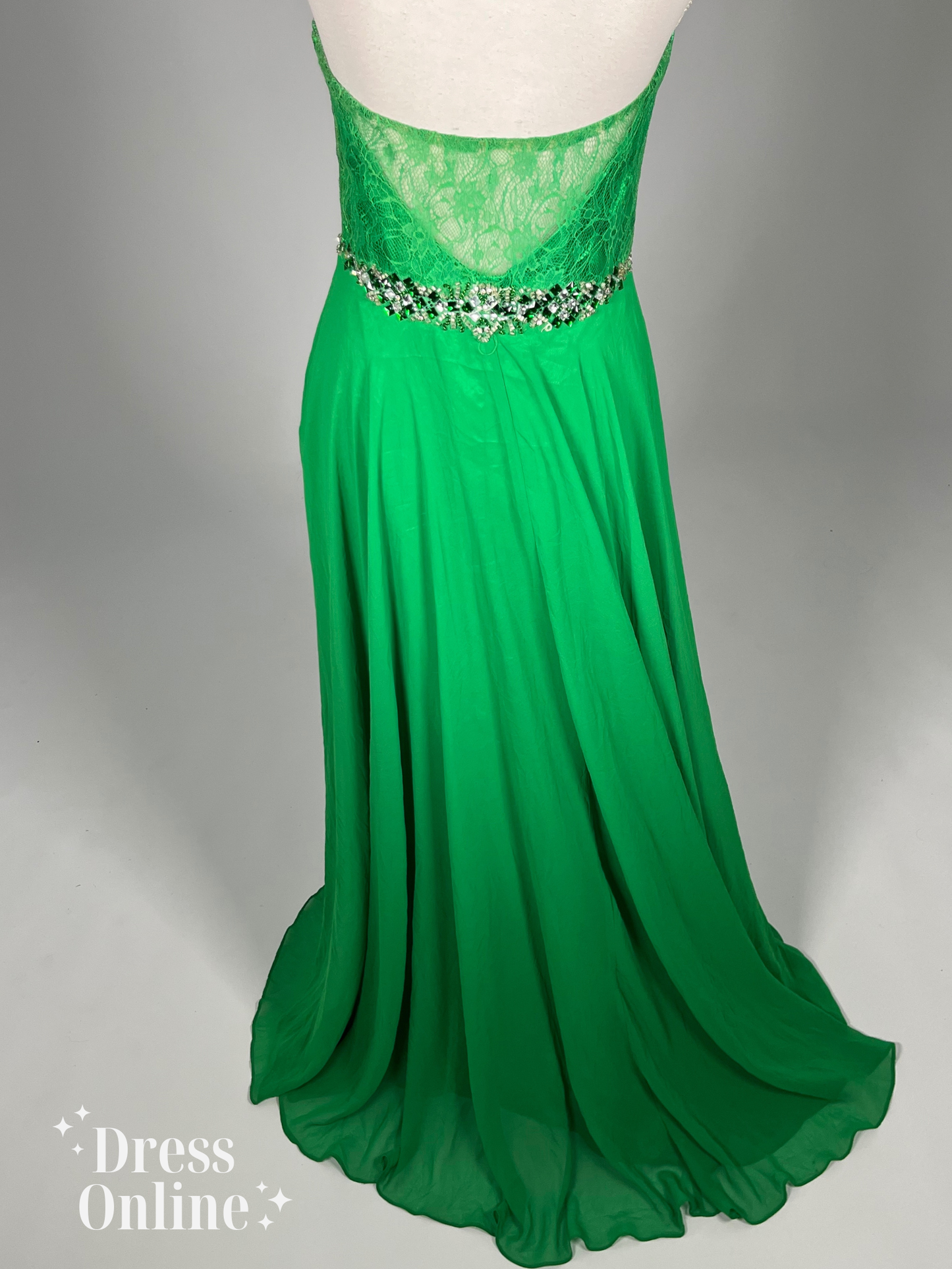 Elegante Groene Avondjurk met Kristallen Band en Kant