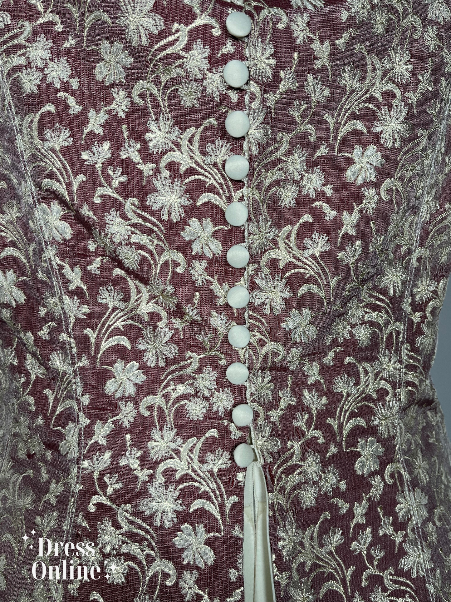 Ivoorwitte en Bordeaurode Vintage Avondjurk met Bloemendetails Maat L/XL - 269