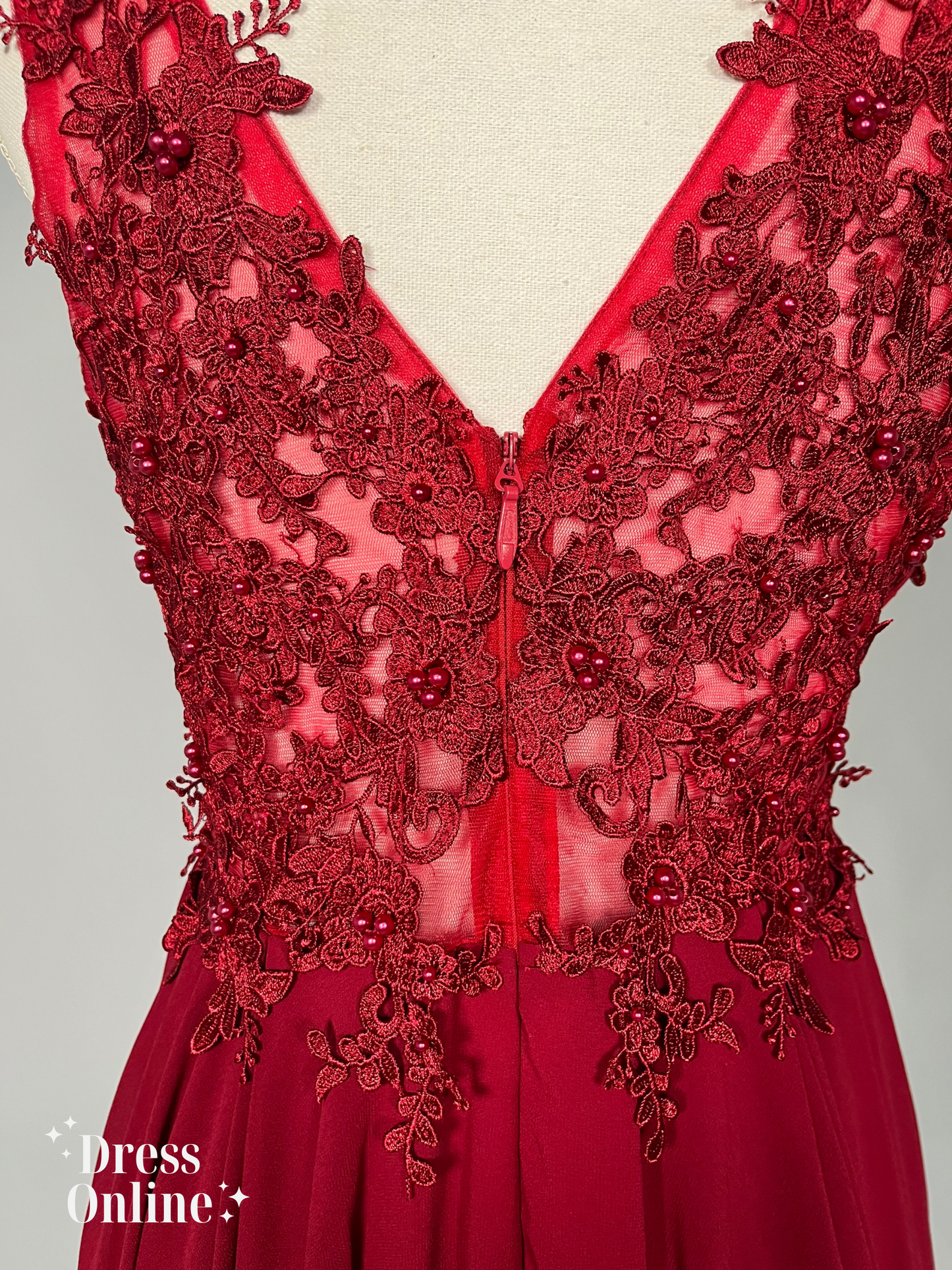 Verleidelijke Donkerrode Cocktailjurk met kant en Parels maat M - 196