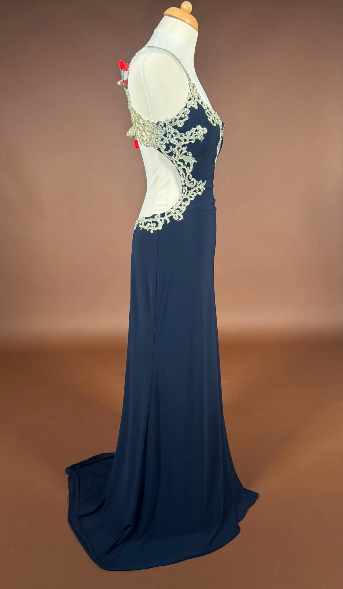 012 Marineblauwe Galajurk met Gouden Kant en Split – Jump Apparel