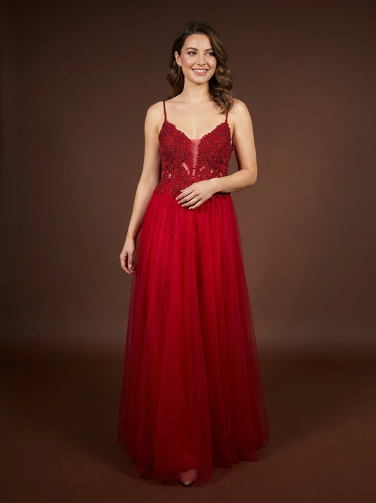 008 Bordeauxrode Balgown met Kant en Pailletten – Eva & Lola