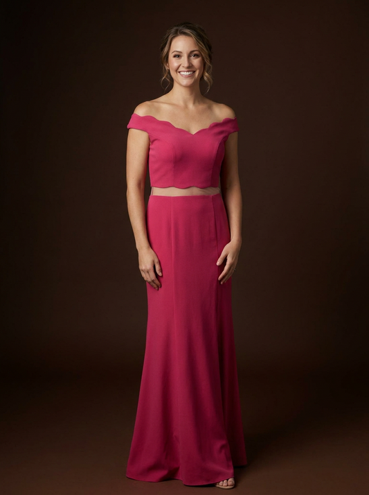 065 Framboosrode Jurk met Gegolfde Off-Shoulder Hals – Altanight