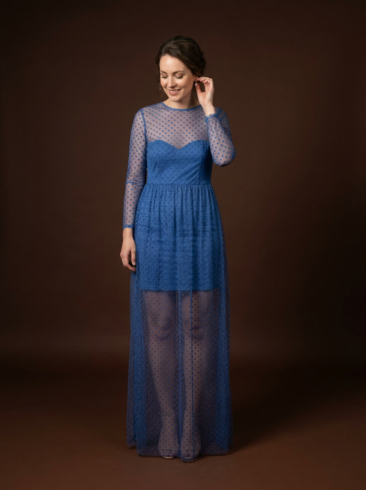 034 Betoverende Blauwe Maxi Jurk met Mesh Stippen – Goddiva