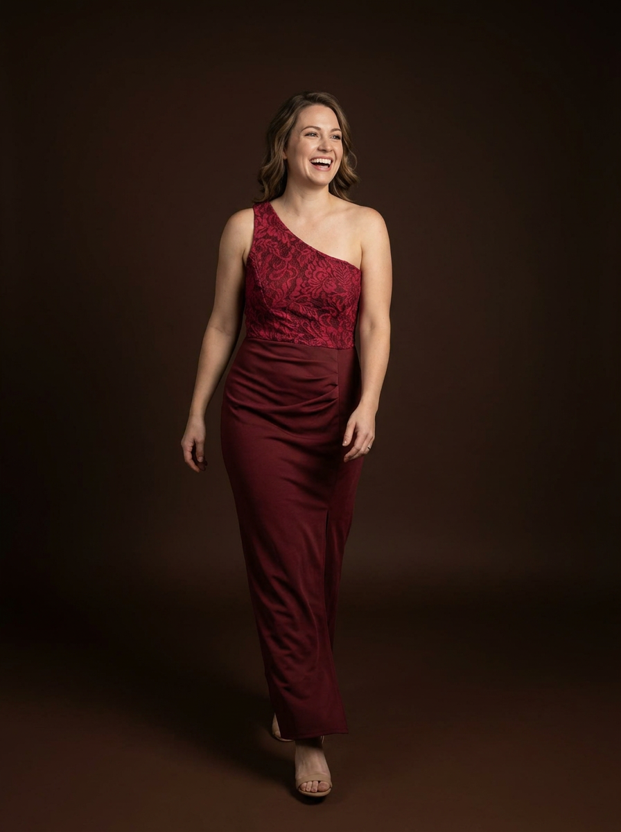 055 Bordeauxrode One-Shoulder Galajurk met Kant
