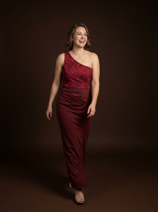 055 Bordeauxrode One-Shoulder Galajurk met Kant