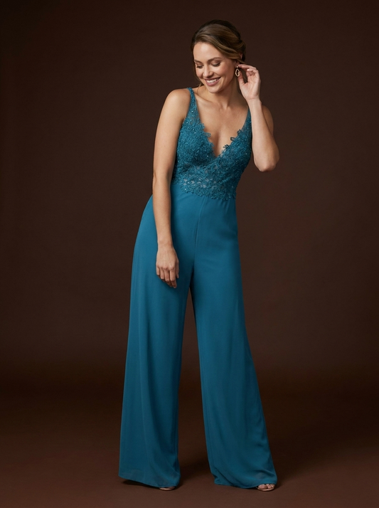 059 Petrolblauwe Jumpsuit met Kralen Kant – Belle Nuit