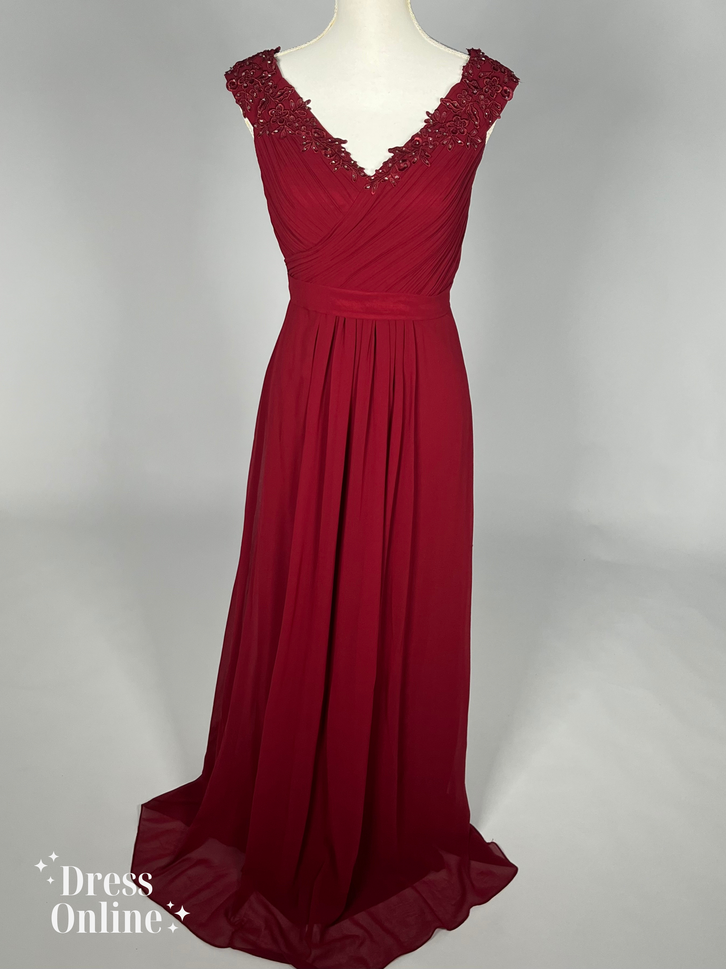 Donkerrode Galajurk met Elegante V-hals en Bloemenkant Maat M - 221