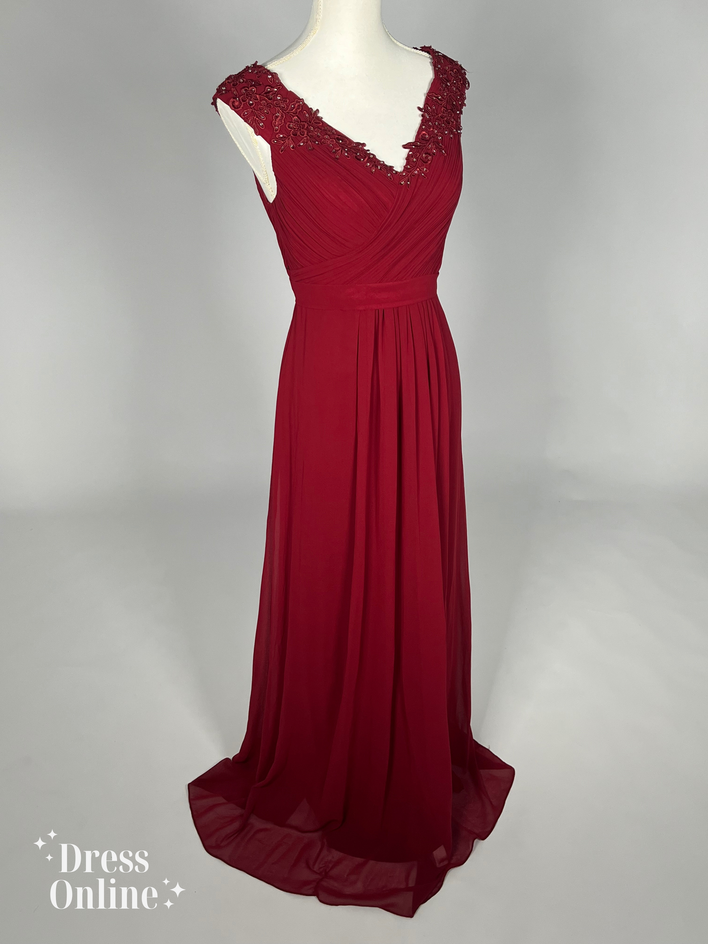 Donkerrode Galajurk met Elegante V-hals en Bloemenkant Maat M - 221