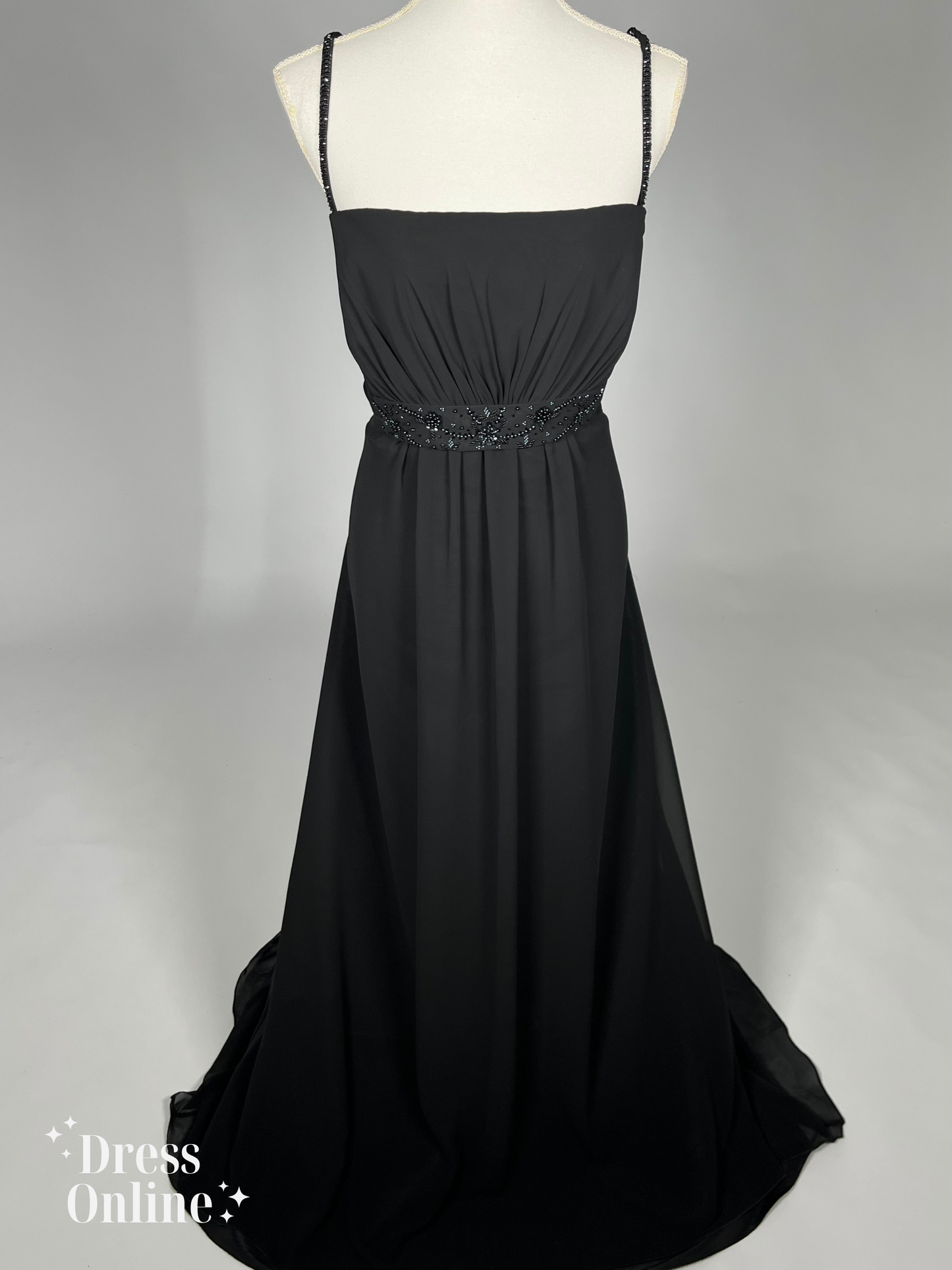 Elegante Zwarte Avondjurk met Beaded Spaghetti Bandjes Maat XXXL -276