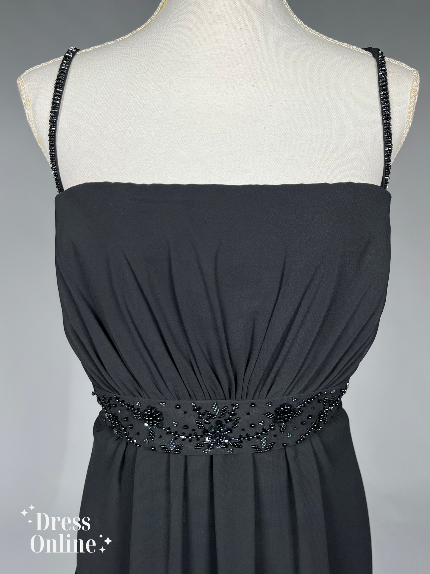 Elegante Zwarte Avondjurk met Beaded Spaghetti Bandjes Maat XXXL -276