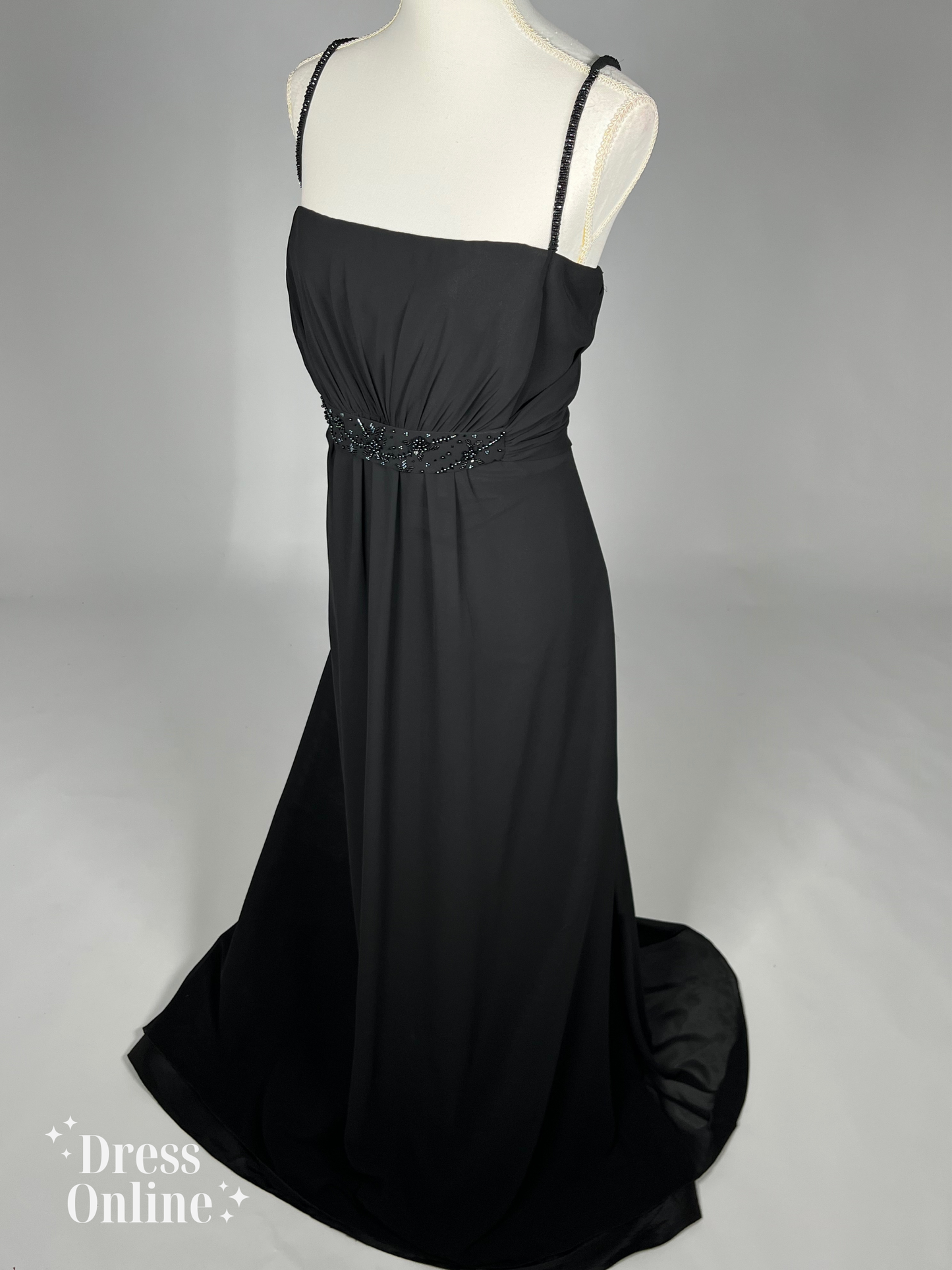 Elegante Zwarte Avondjurk met Beaded Spaghetti Bandjes Maat XXXL -276