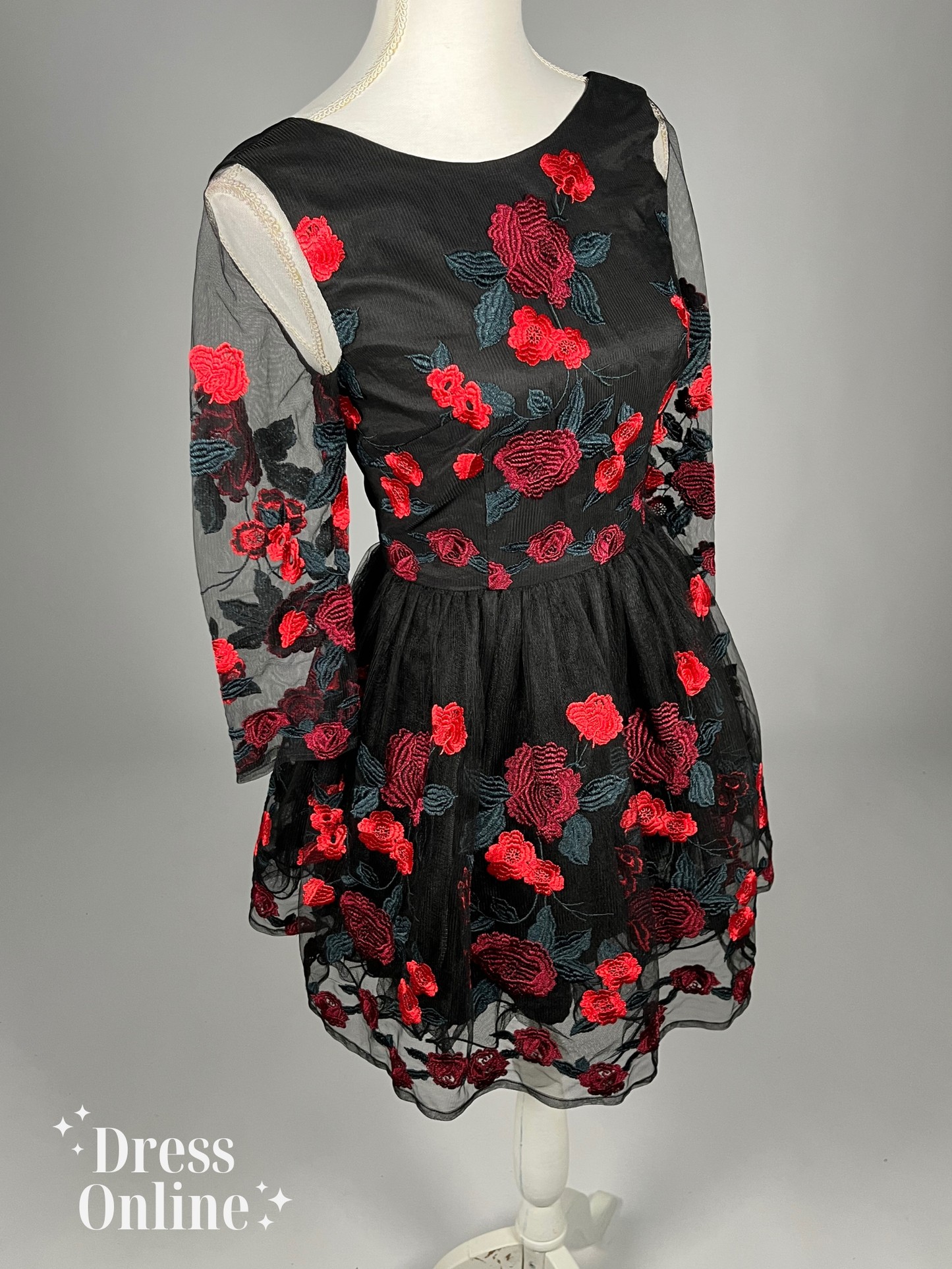 Stijlvolle Zwarte Jurk met Rode Geborduurde Rozen - Maat S - 416