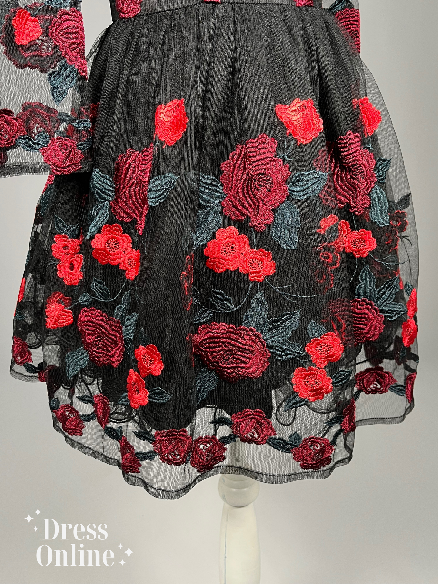 Stijlvolle Zwarte Jurk met Rode Geborduurde Rozen - Maat S - 416