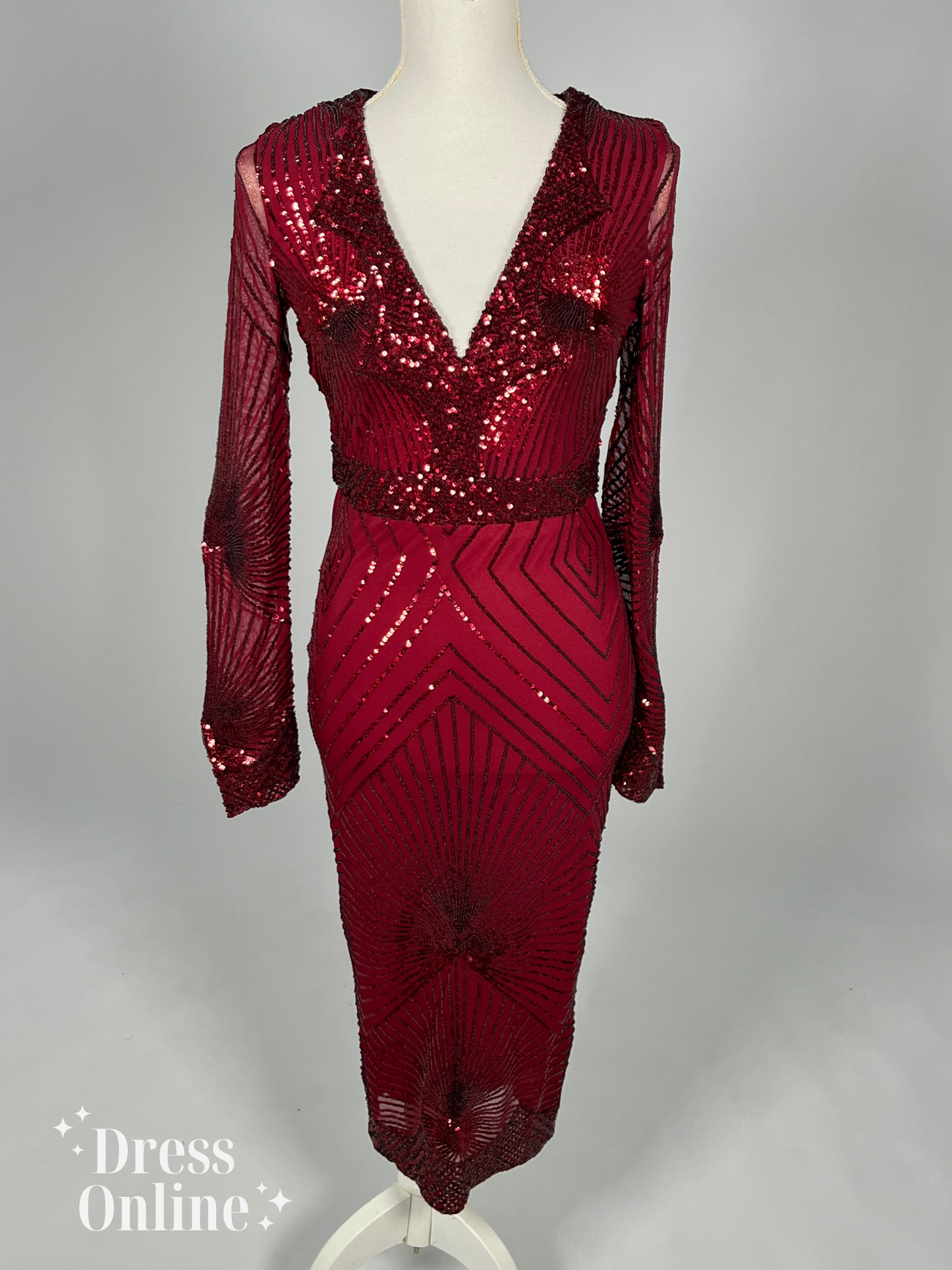 Elegante Donkerrode Avondjurk met Gedetailleerde Pailletten en Lange Mouwen - Maat S - 380