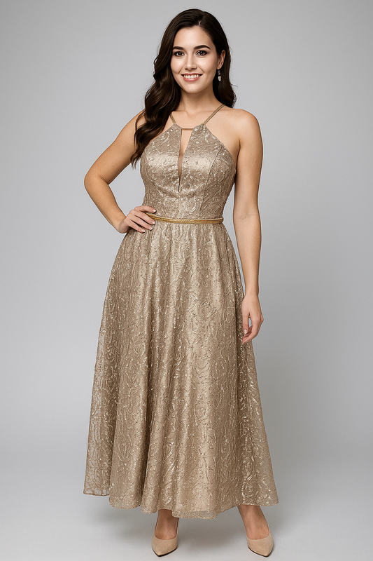 Champagnekleurige galajurk met glitters maat M -171