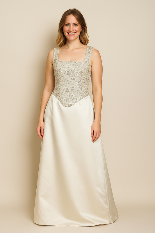 Elegante Ivoorwitte Vintage Avondjurk met Kant Maat L -265