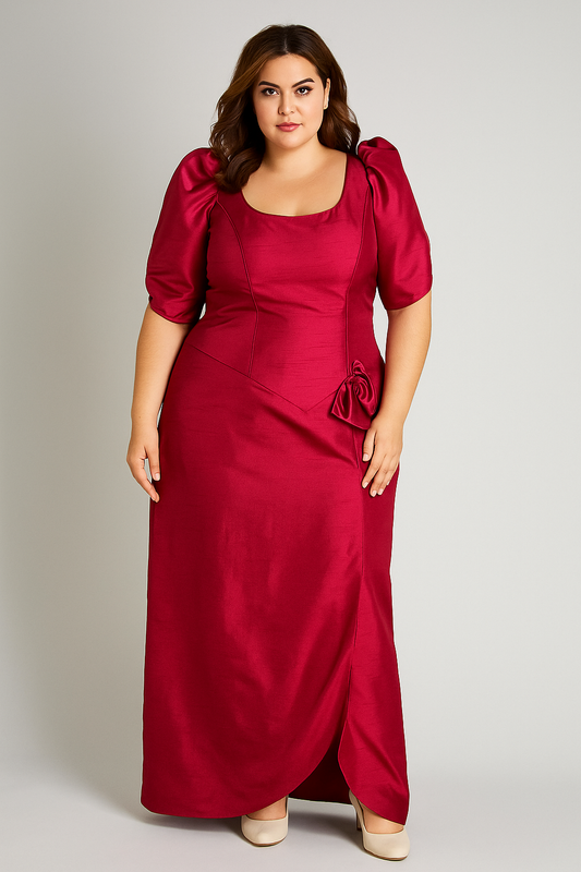 Dieproze Vintage Avondjurk met Pofmouwen en Strikdetail Maat L/XL - 273