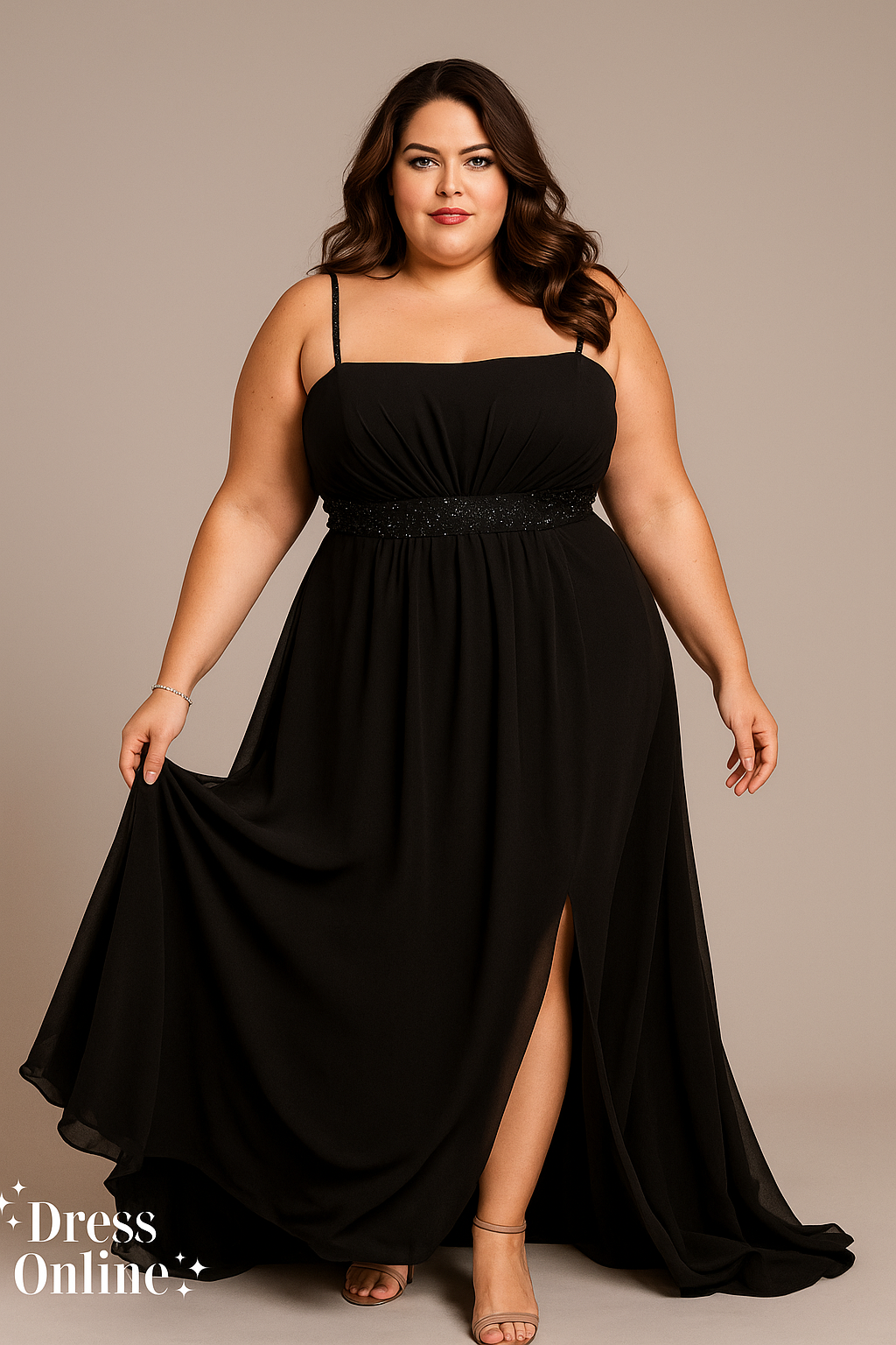 Elegante Zwarte Avondjurk met Beaded Spaghetti Bandjes Maat XXXL -276