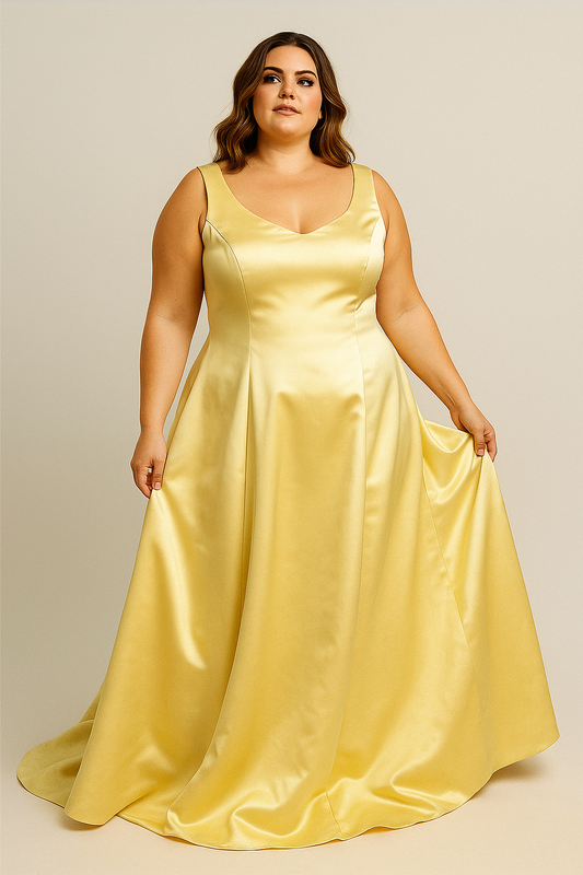 Prachtige Goudgele Satijnen Avondjurk - Maat XL - 292