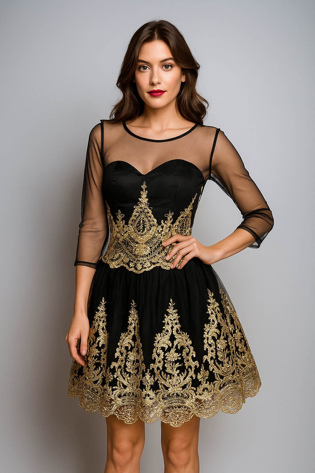 Elegante Zwarte Cocktailjurk met Gouden Borduursel - Maat S - Chi Chi London - 417