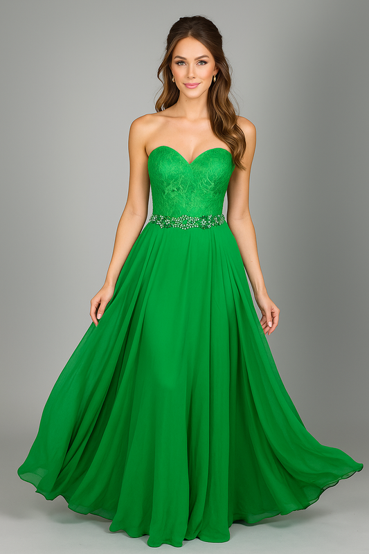 Elegante Groene Avondjurk met Kristallen Band en Kant - Maat S - 413