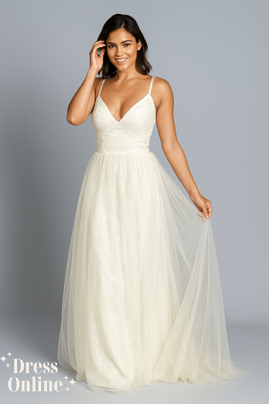 Elegante Lichtgele Galajurk met Delicaat Kant en Tule - Maat M - 382