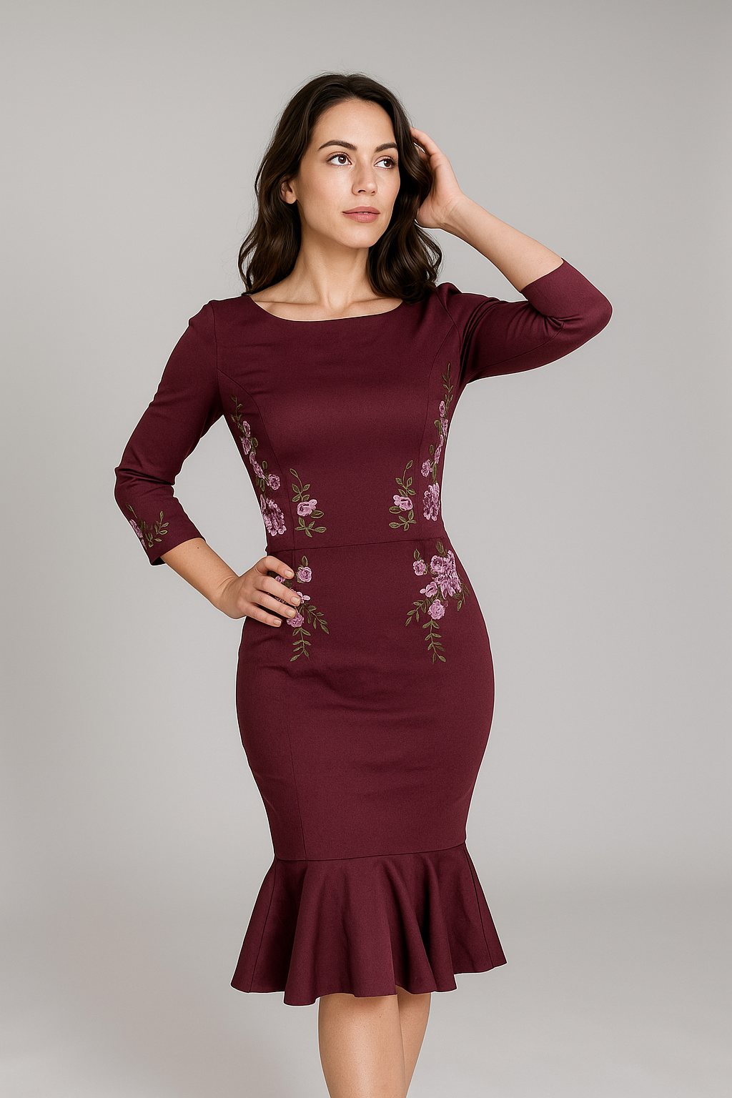 Stijlvolle Donkerpaarse Jurk met Geborduurde Bloemen - Maat S - 347