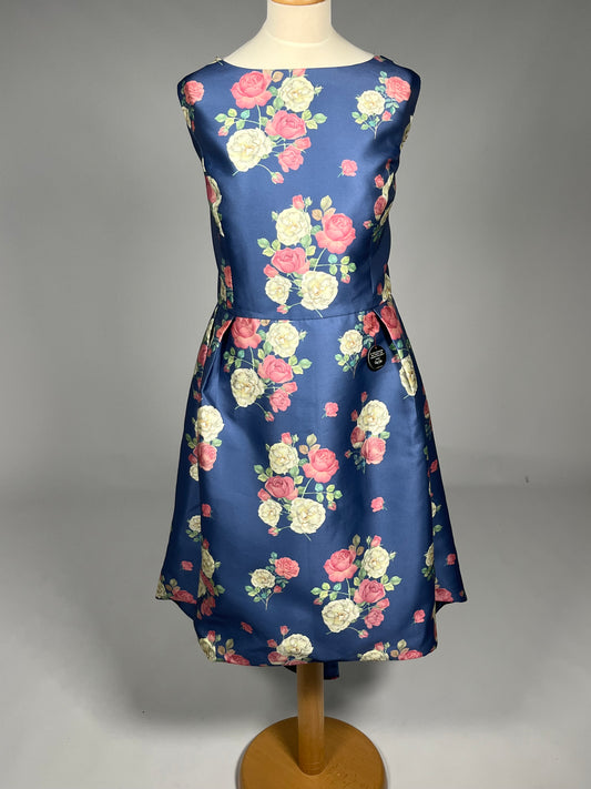 Elegante Donkerblauwe Bloemenjurk met Rozendessin - Maat 52 - 267