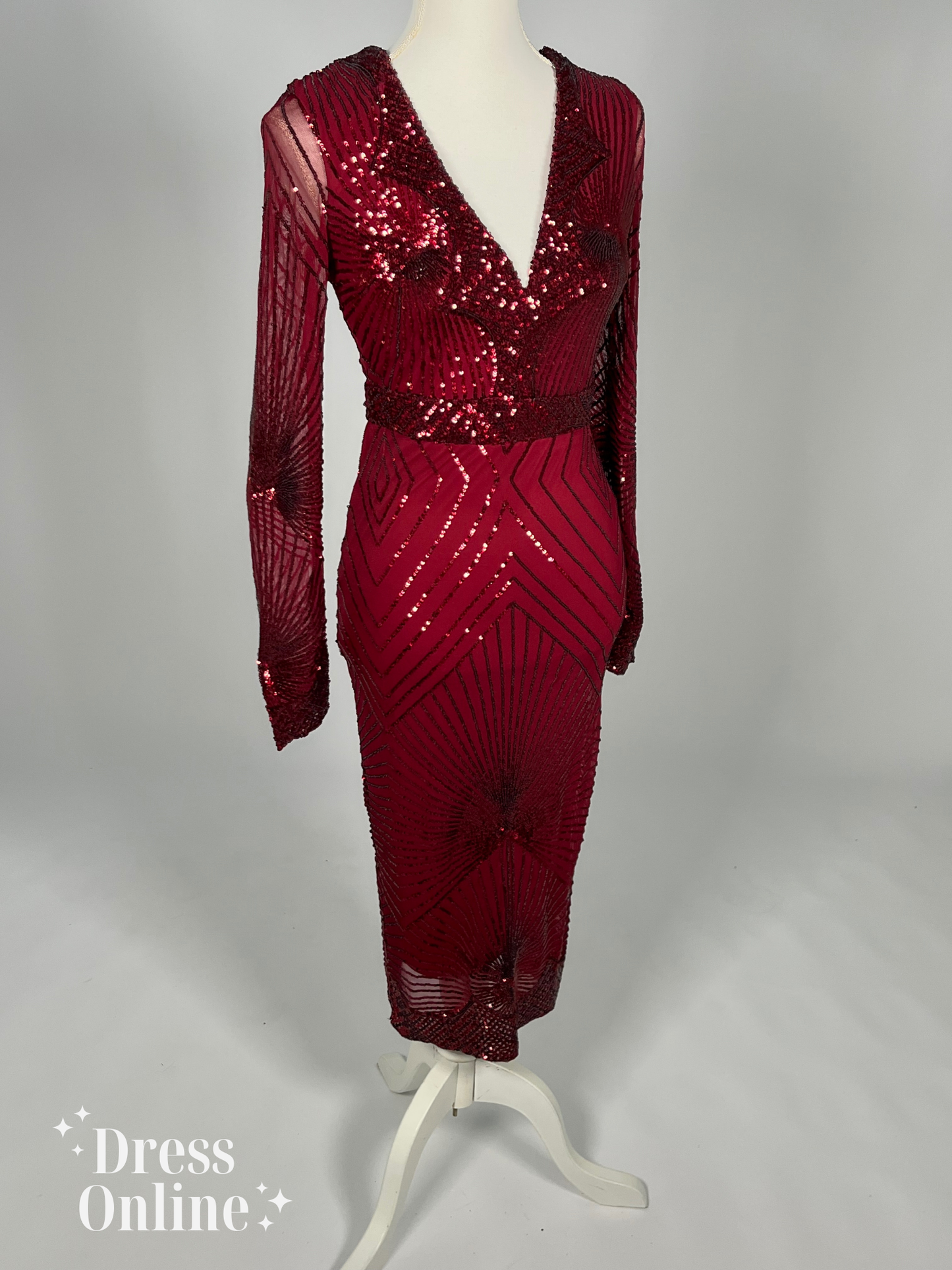 Elegante Donkerrode Avondjurk met Gedetailleerde Pailletten en Lange Mouwen - Maat S - 380