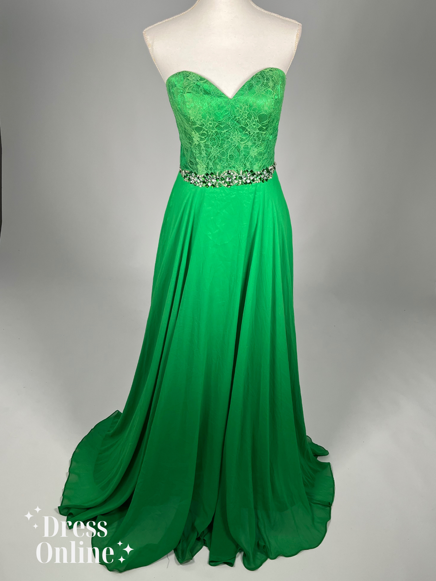 Elegante Groene Avondjurk met Kristallen Band en Kant - Maat S - 413