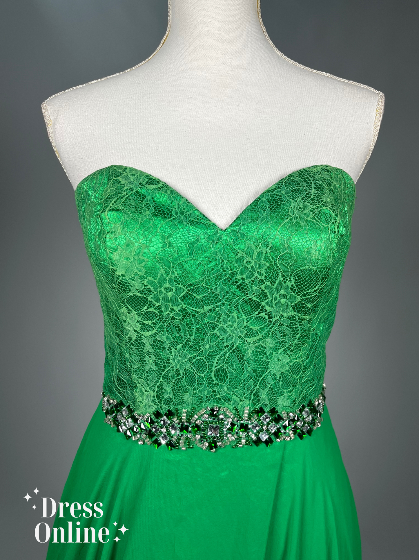 Elegante Groene Avondjurk met Kristallen Band en Kant - Maat S - 413