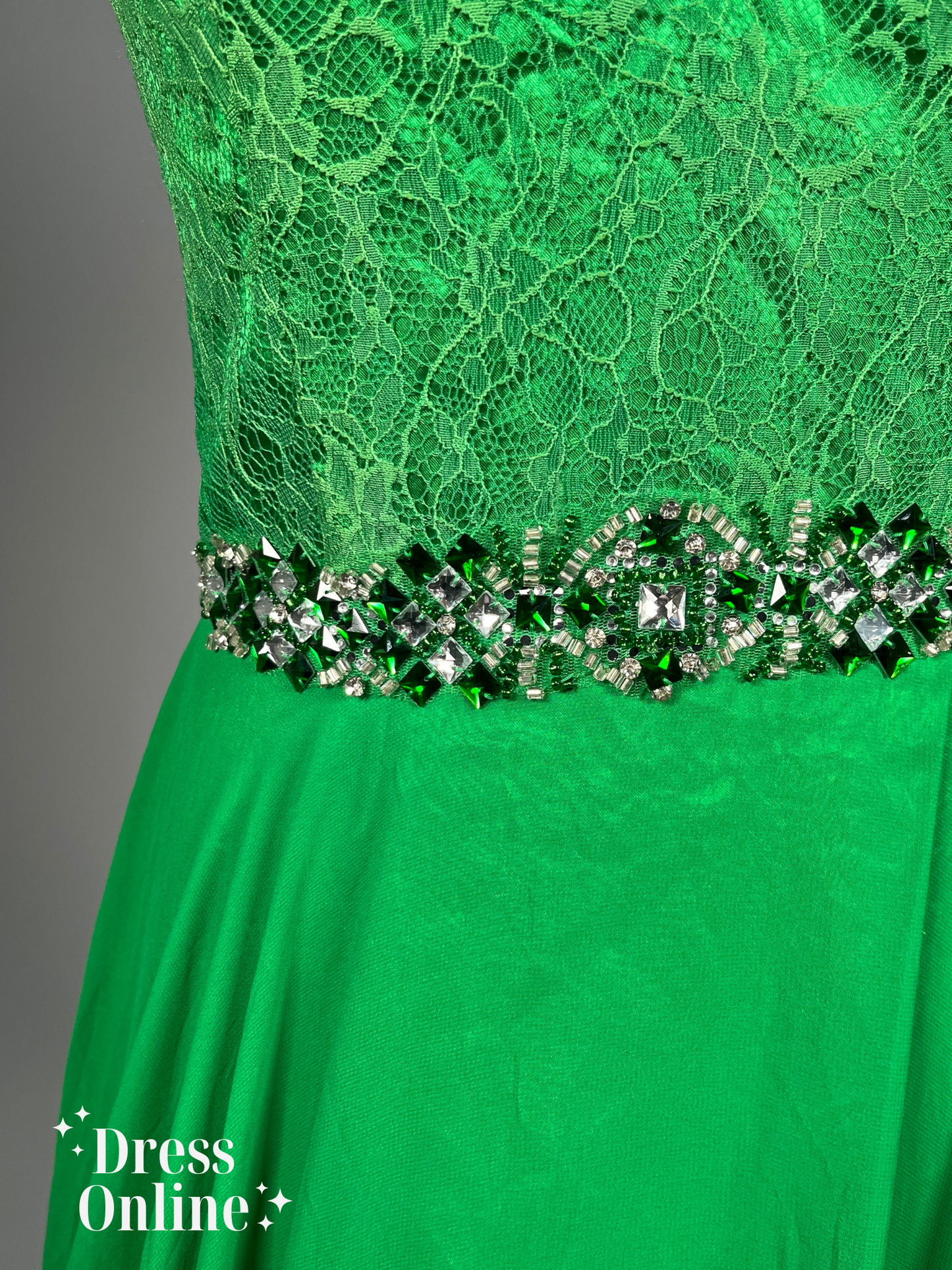Elegante Groene Avondjurk met Kristallen Band en Kant - Maat S - 413