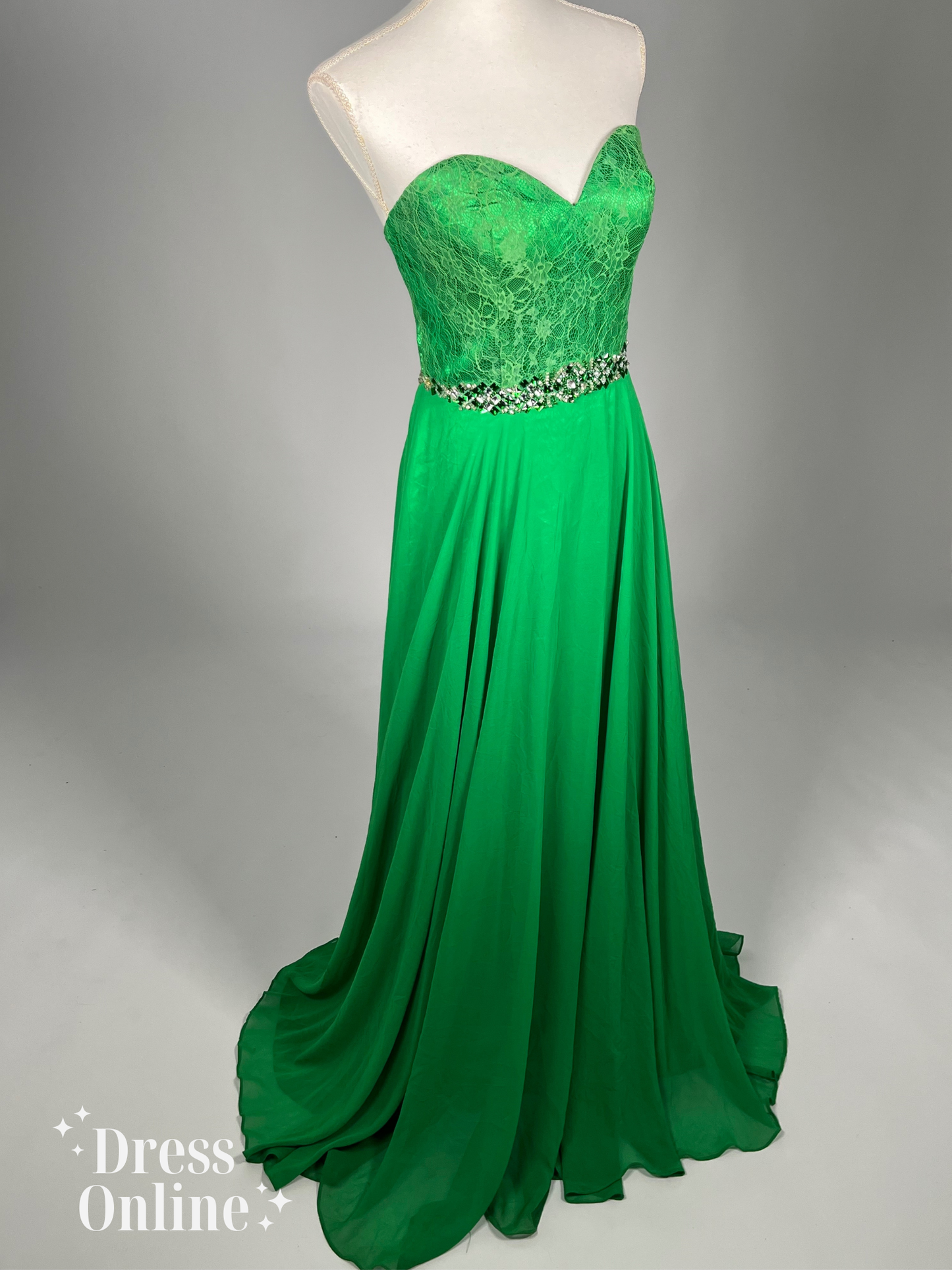 Elegante Groene Avondjurk met Kristallen Band en Kant - Maat S - 413