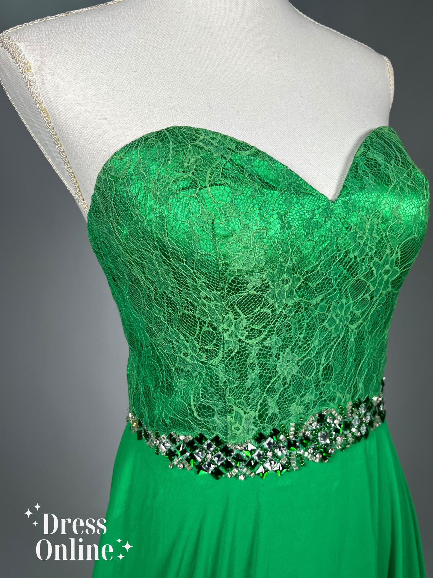 Elegante Groene Avondjurk met Kristallen Band en Kant - Maat S - 413