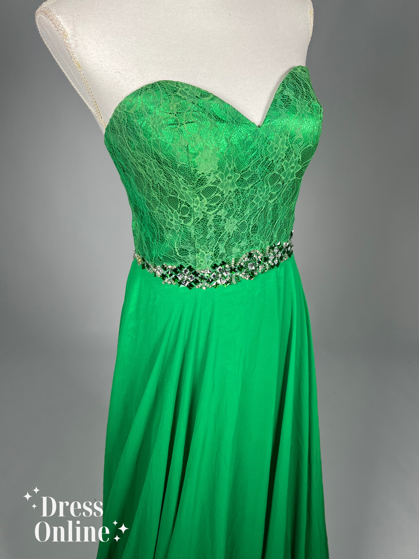 Elegante Groene Avondjurk met Kristallen Band en Kant - Maat S - 413