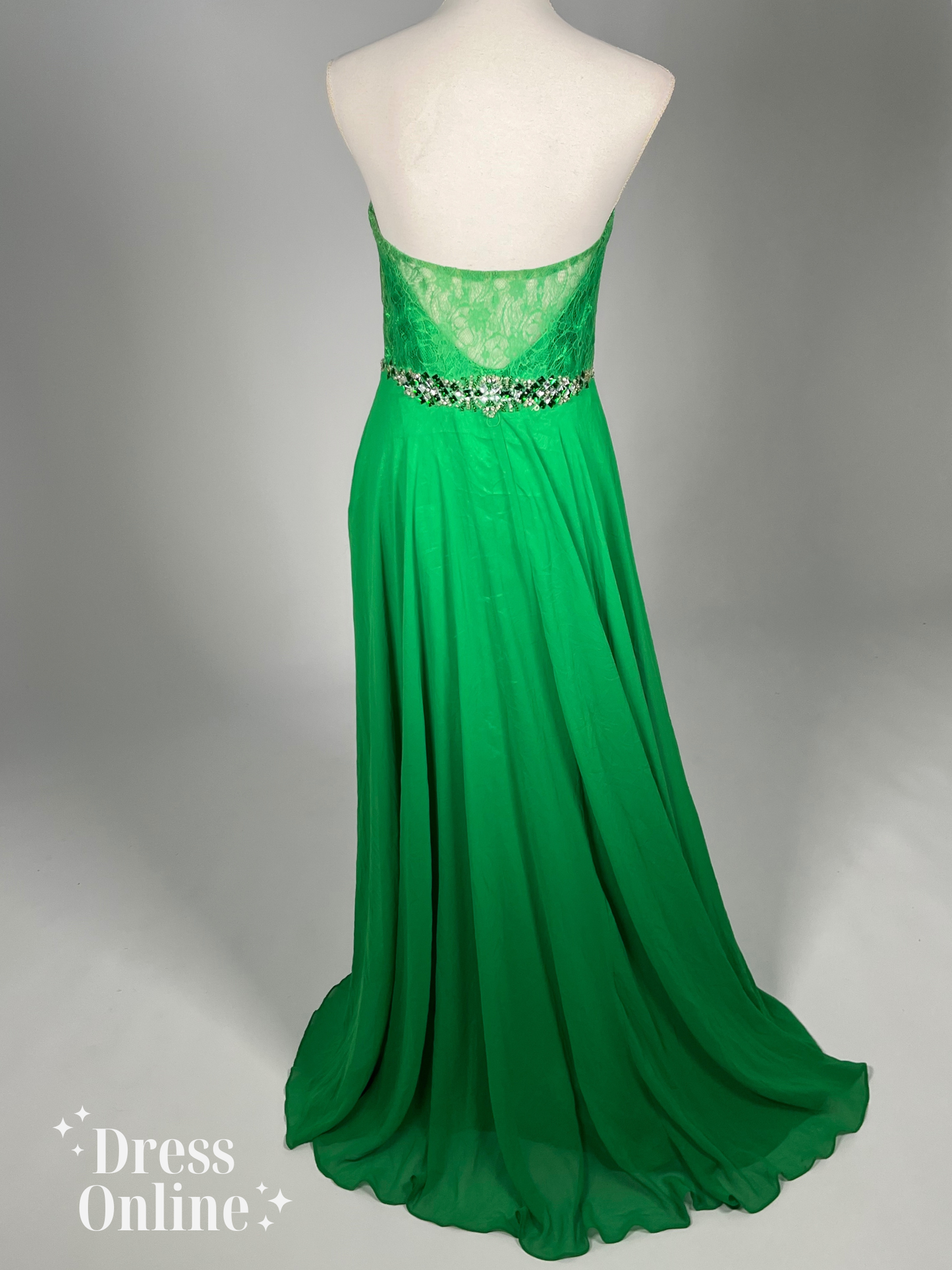 Elegante Groene Avondjurk met Kristallen Band en Kant - Maat S - 413