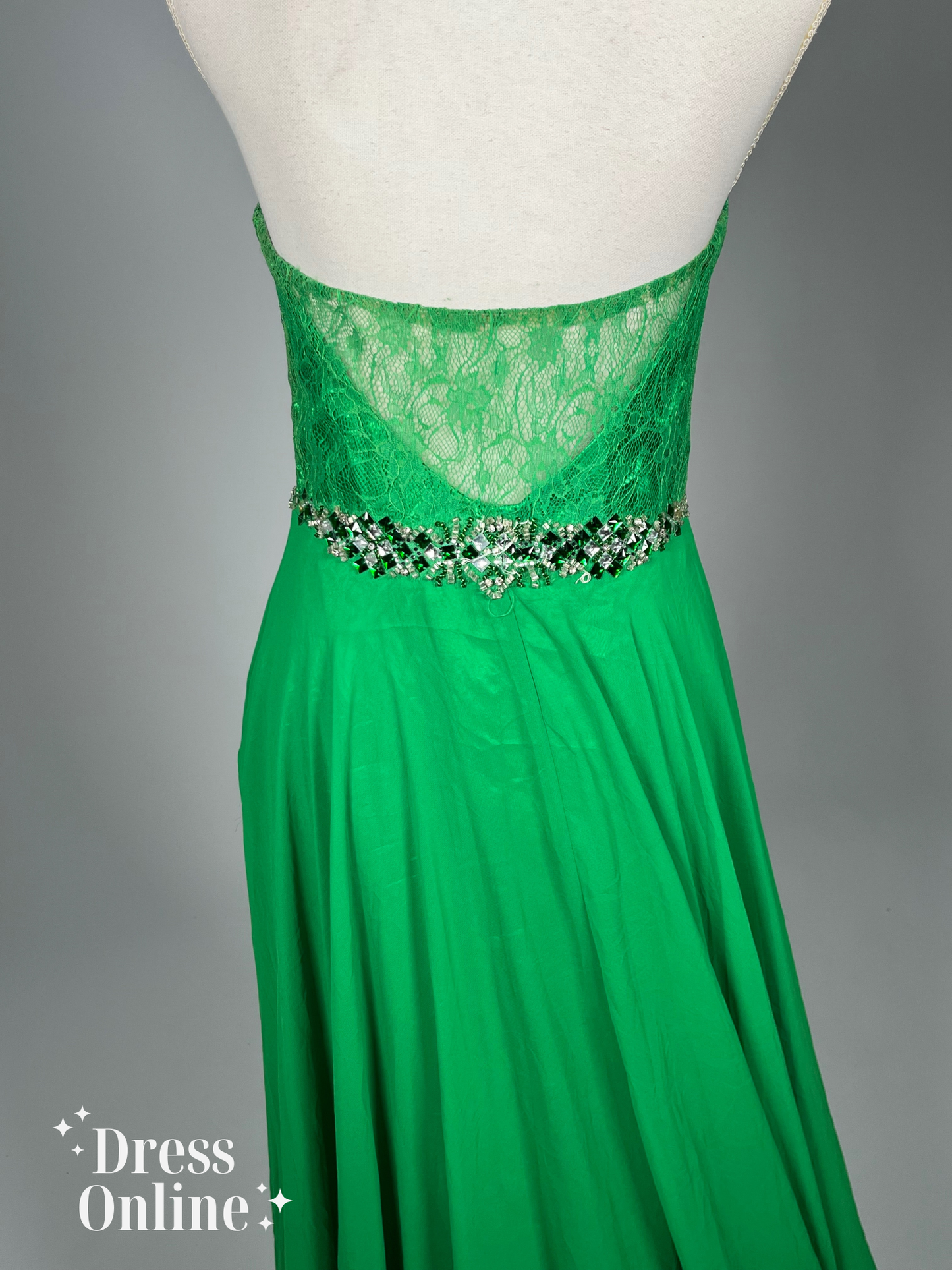 Elegante Groene Avondjurk met Kristallen Band en Kant - Maat S - 413