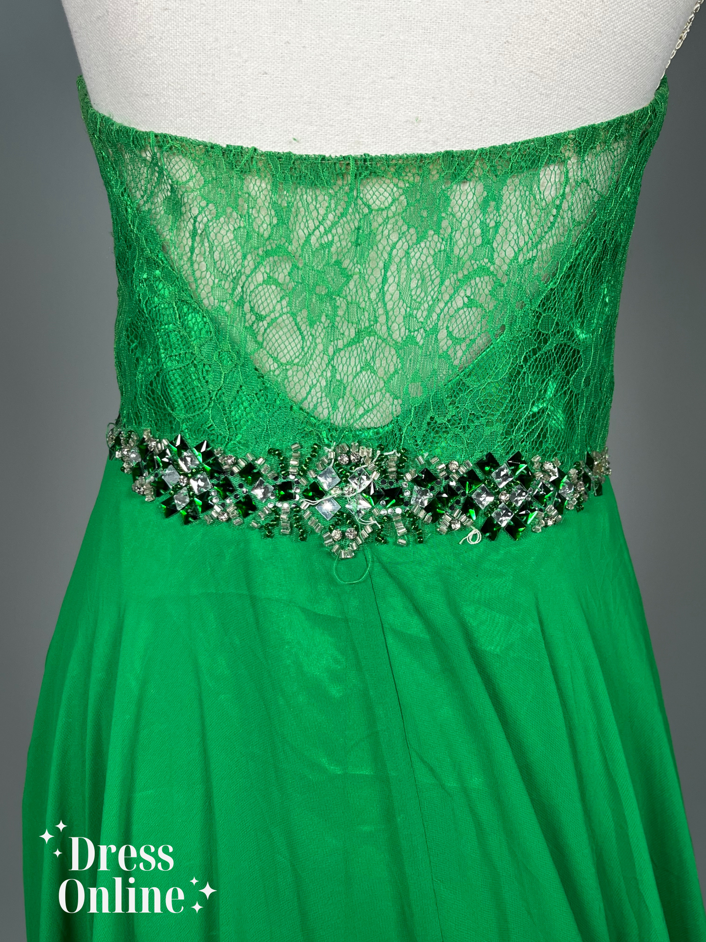 Elegante Groene Avondjurk met Kristallen Band en Kant - Maat S - 413