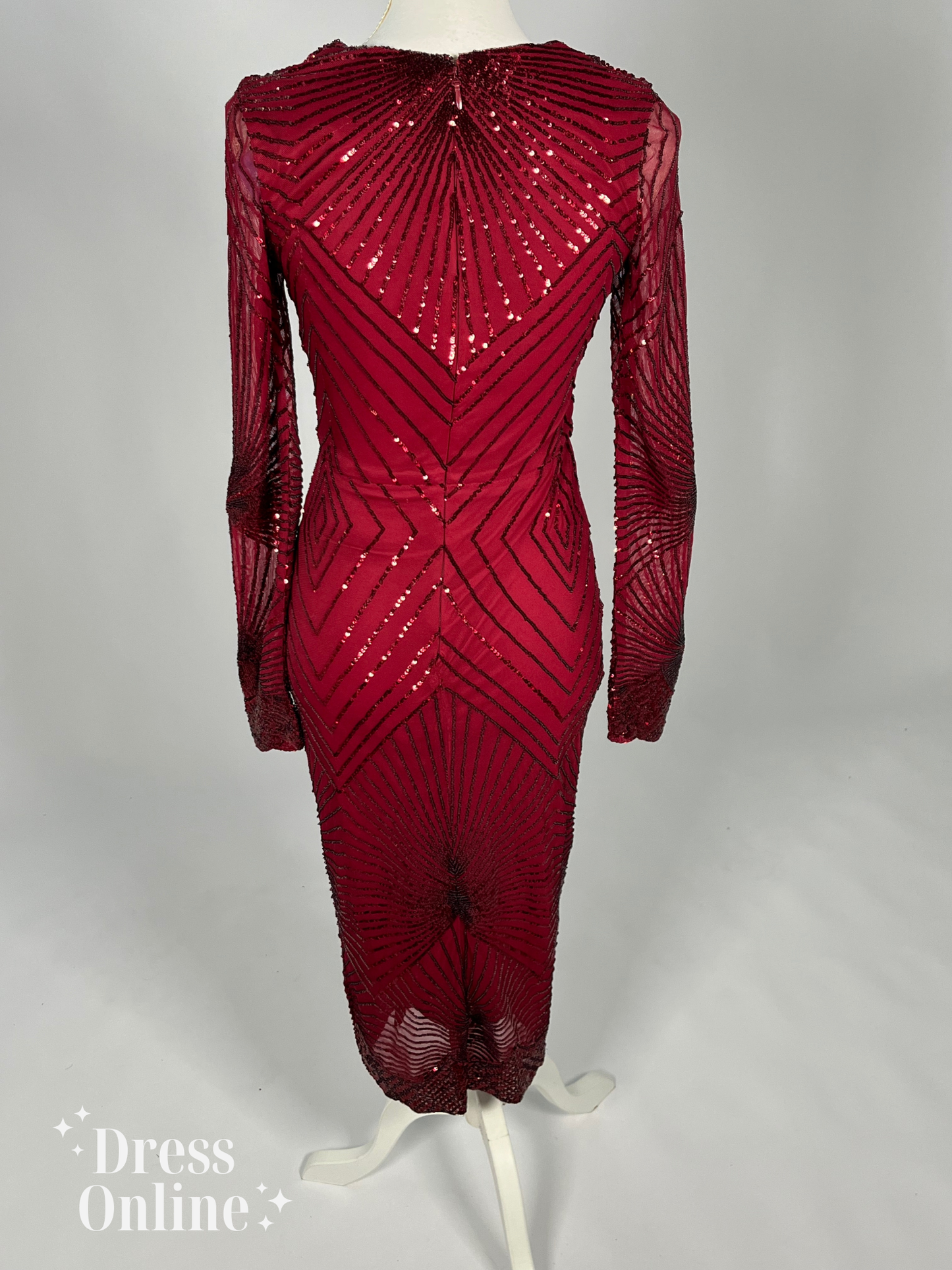 Elegante Donkerrode Avondjurk met Gedetailleerde Pailletten en Lange Mouwen - Maat S - 380