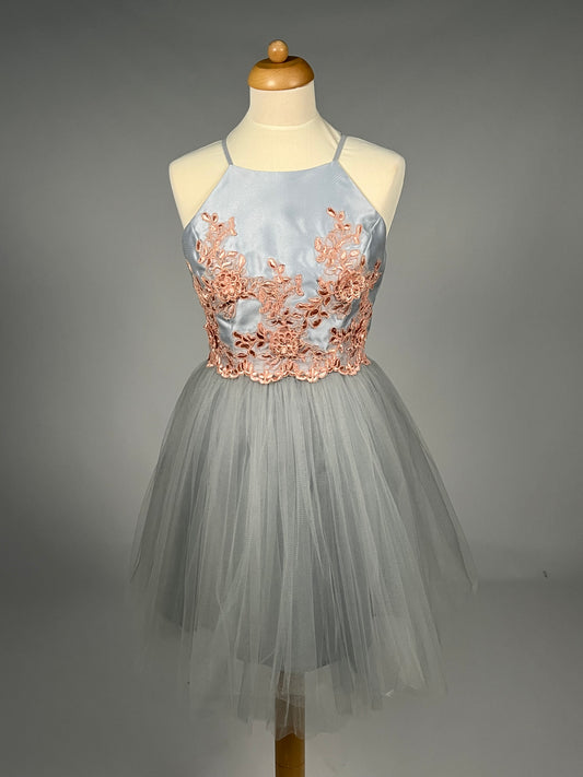 Elegante Grijsblauwe Galajurk met Roségouden Borduursel - Maat L