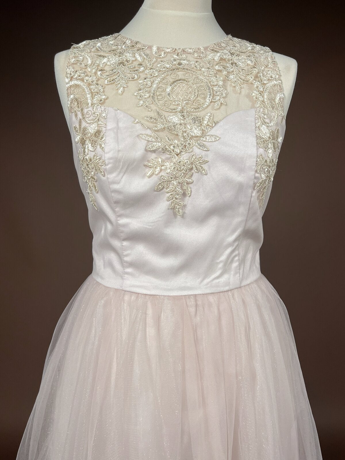 027 Zachtroze Galajurk met Kanten Bodice – Chi Chi London