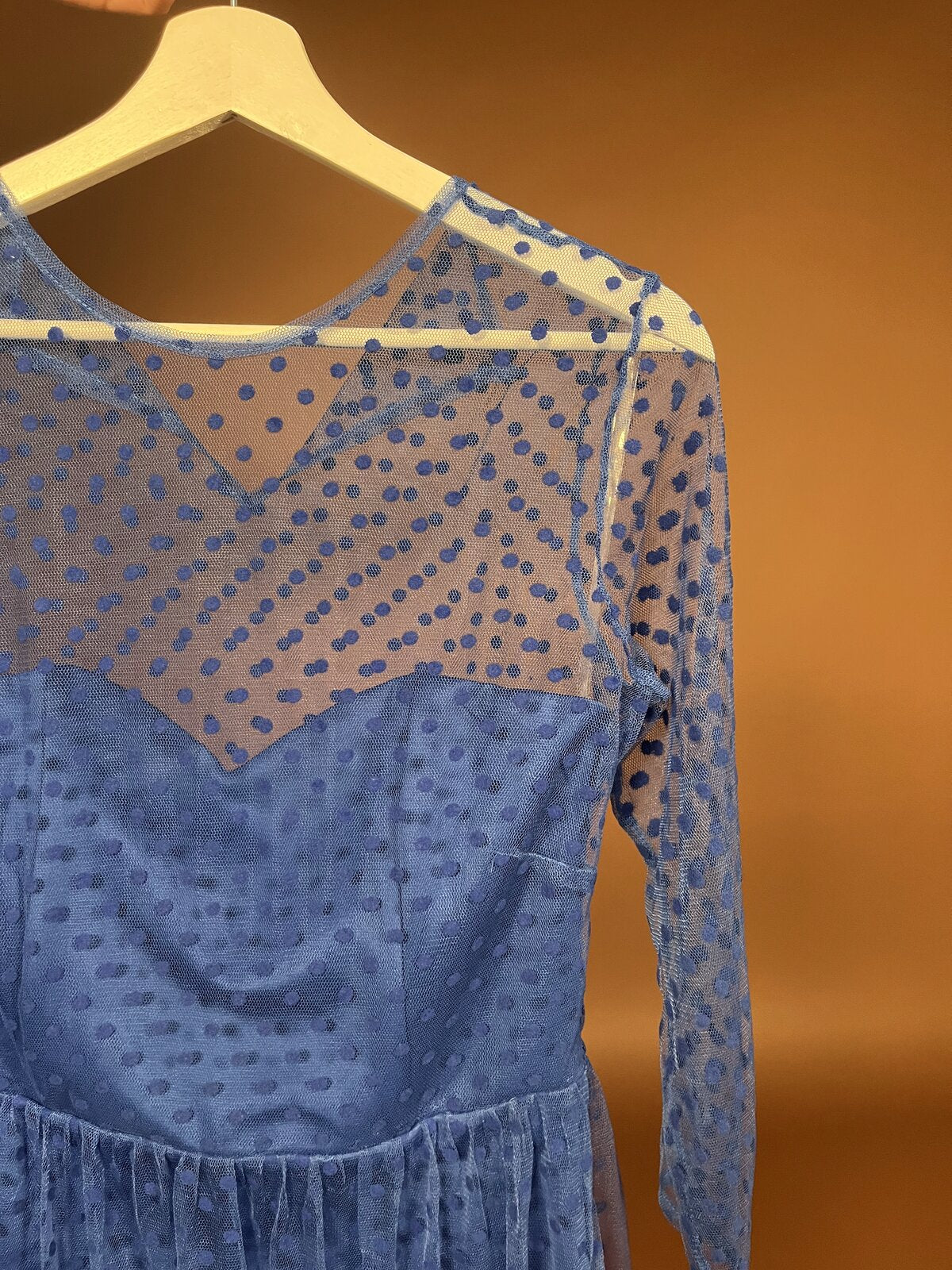 034 Betoverende Blauwe Maxi Jurk met Mesh Stippen – Goddiva